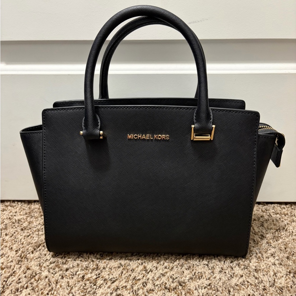 Michael Kors Black Satchel Bag with Gold Accents